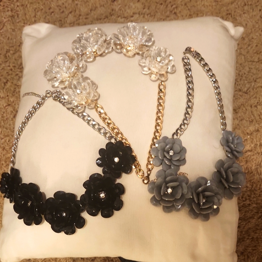 3 Charming Charlie's Floral Statement Necklaces Set In Black, Grey, & Clear. OS